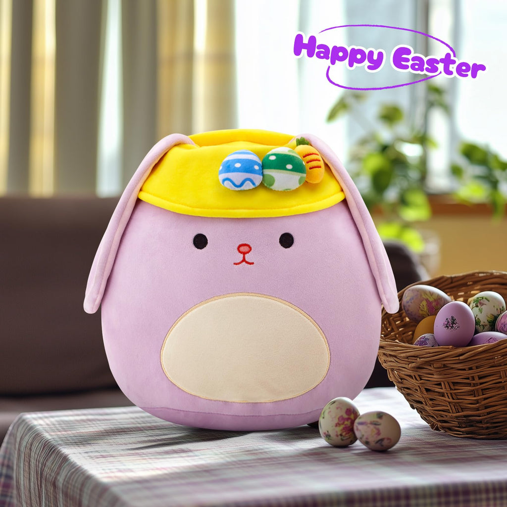 12 Inch Purple Easter Bunny Plush Pillow with Floppy Ears and Egg Hat – Soft Hugging Stuffed Animal for Kids and Home Decor