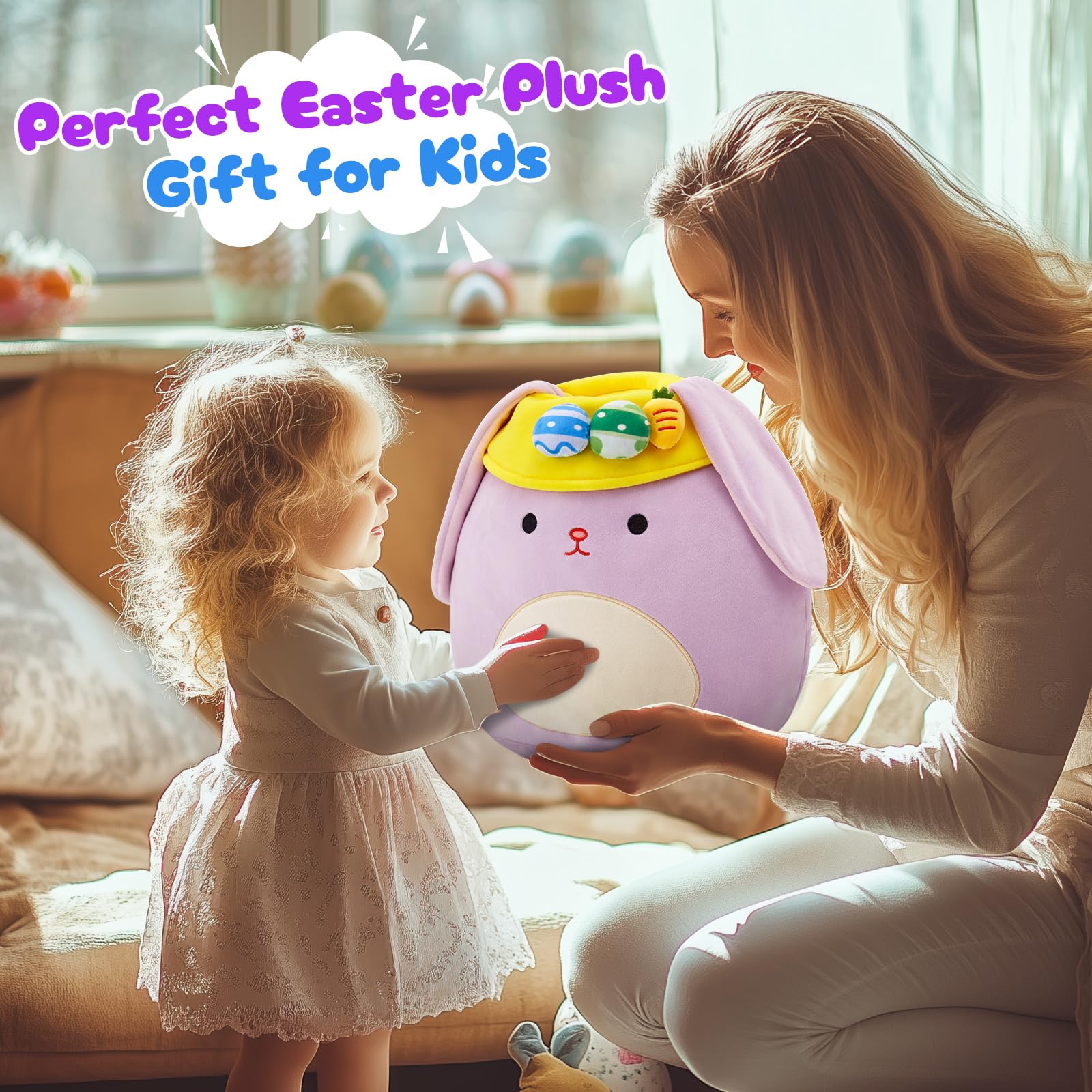 12 Inch Purple Easter Bunny Plush Pillow with Floppy Ears and Egg Hat – Soft Hugging Stuffed Animal for Kids and Home Decor