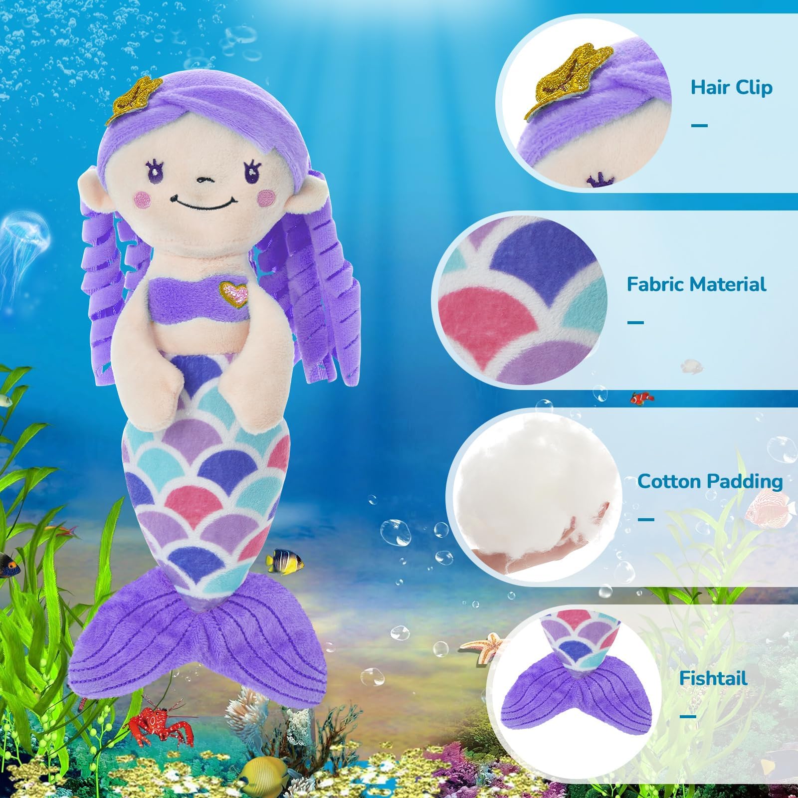 12-Inch Purple Mermaid Plush Toy – Soft Mermaid Princess Stuffed Animal with Glitter Heart, Safe for Toddlers