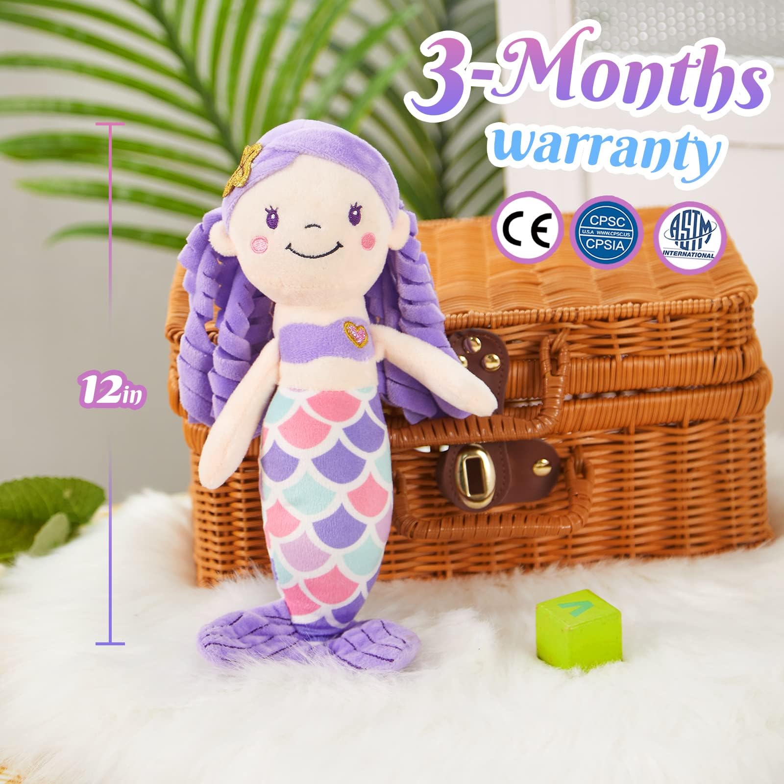 12-Inch Purple Mermaid Plush Toy – Soft Mermaid Princess Stuffed Animal with Glitter Heart, Safe for Toddlers