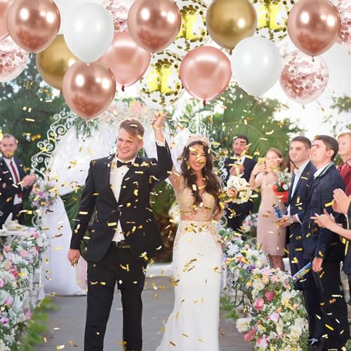 12-Inch Rose Gold Confetti Balloons (60-Pack) – Metallic & Chrome Gold Latex Balloons with Ribbons for Weddings, Birthdays, Baby Showers