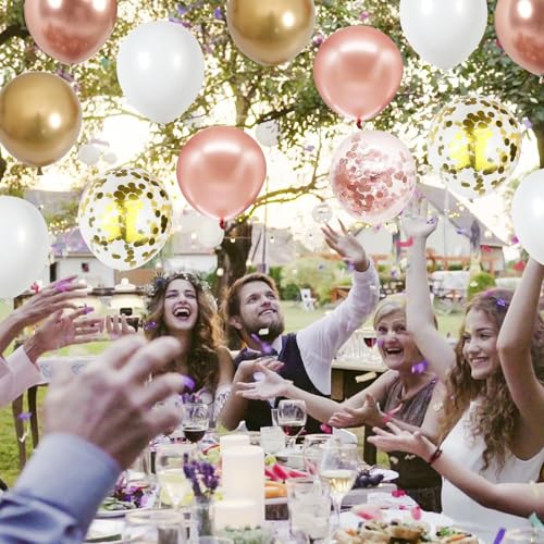 12-Inch Rose Gold Confetti Balloons (60-Pack) – Metallic & Chrome Gold Latex Balloons with Ribbons for Weddings, Birthdays, Baby Showers