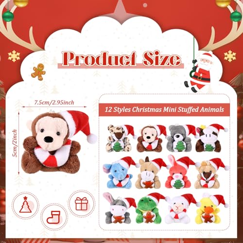 12 Mini Christmas Plush Keychains Set - Santa Hat Animals & Holiday Ornaments for Tree Decor, Party Favors, Stocking Stuffers