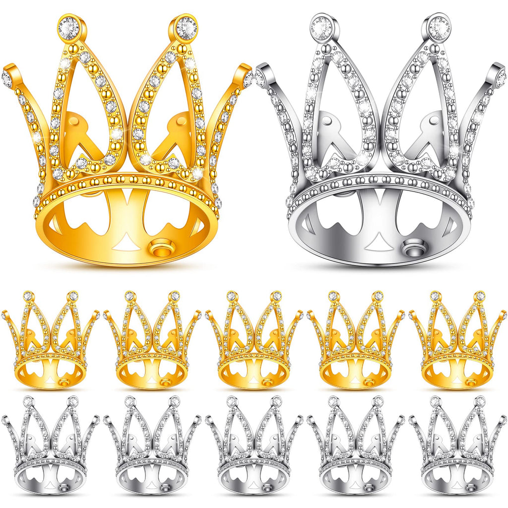 12 Mini Crown Cake Toppers – Gold & Silver Crystal Tiaras for Party Decor