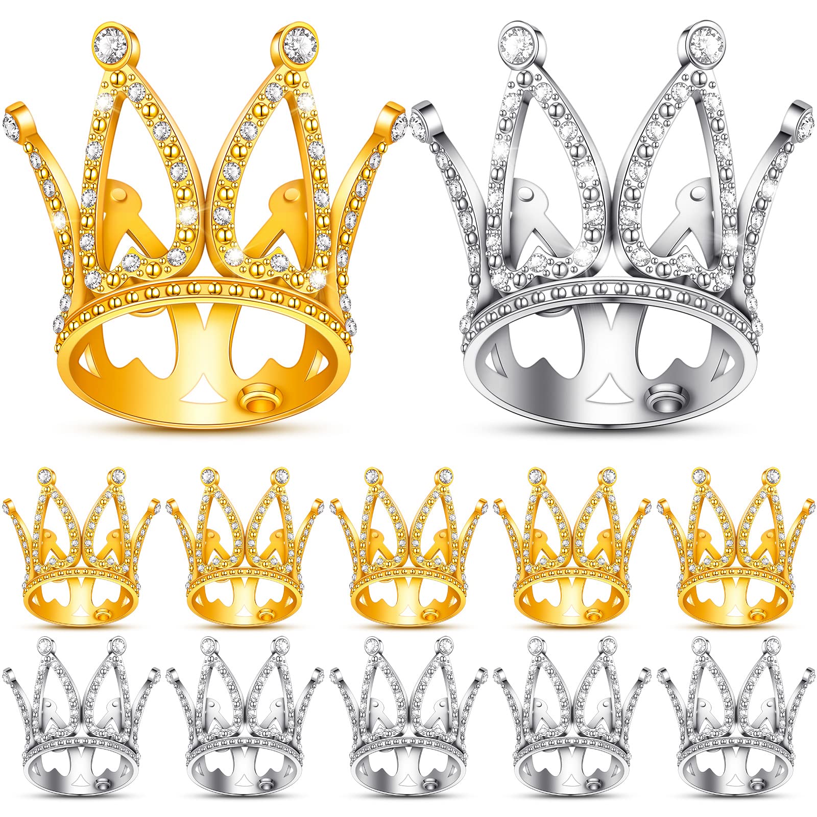12 Mini Crown Cake Toppers – Gold & Silver Crystal Tiaras for Party Decor