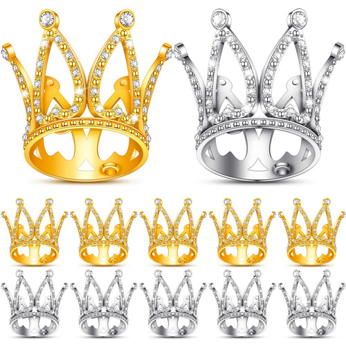 12 Mini Crown Cake Toppers – Gold & Silver Crystal Tiaras for Party Decor