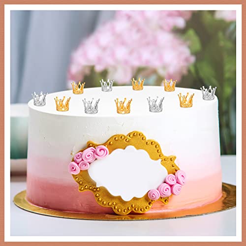 12 Mini Crown Cake Toppers – Gold & Silver Crystal Tiaras for Party Decor