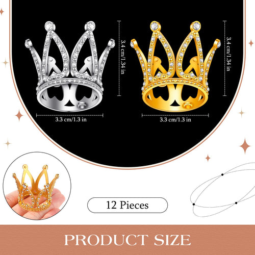 12 Mini Crown Cake Toppers – Gold & Silver Crystal Tiaras for Party Decor