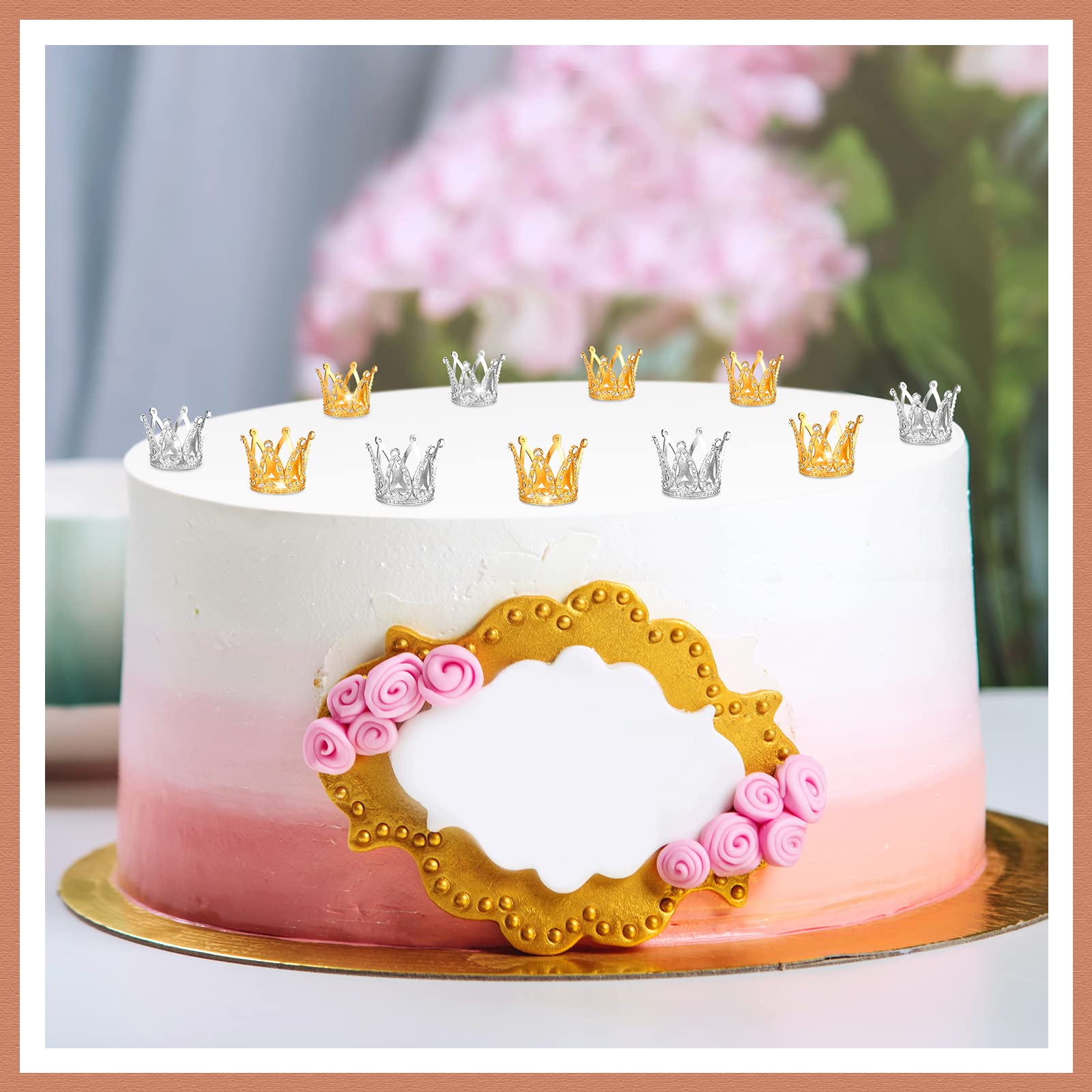 12 Mini Crown Cake Toppers – Gold & Silver Crystal Tiaras for Party Decor