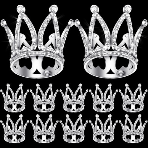 12 Mini Silver Crown Cake Toppers - Alloy Crystal Princess Headpiece for Wedding, Baby Shower, Birthday