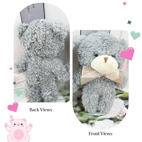 12 Mini Stuffed Teddy Bears with Keychains – 4.7 Inch Plush Bears in White, Brown, Grey for Party Favors and DIY Crafts