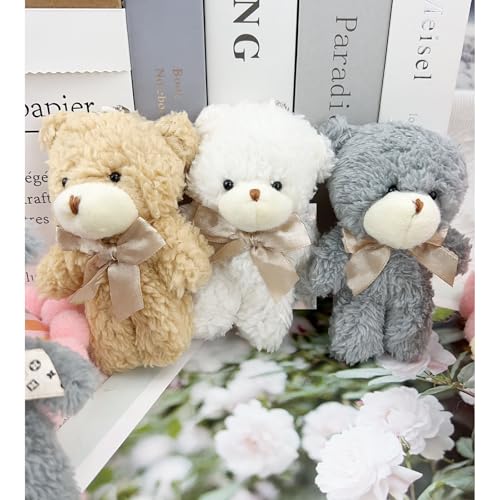12 Mini Stuffed Teddy Bears with Keychains – 4.7 Inch Plush Bears in White, Brown, Grey for Party Favors and DIY Crafts