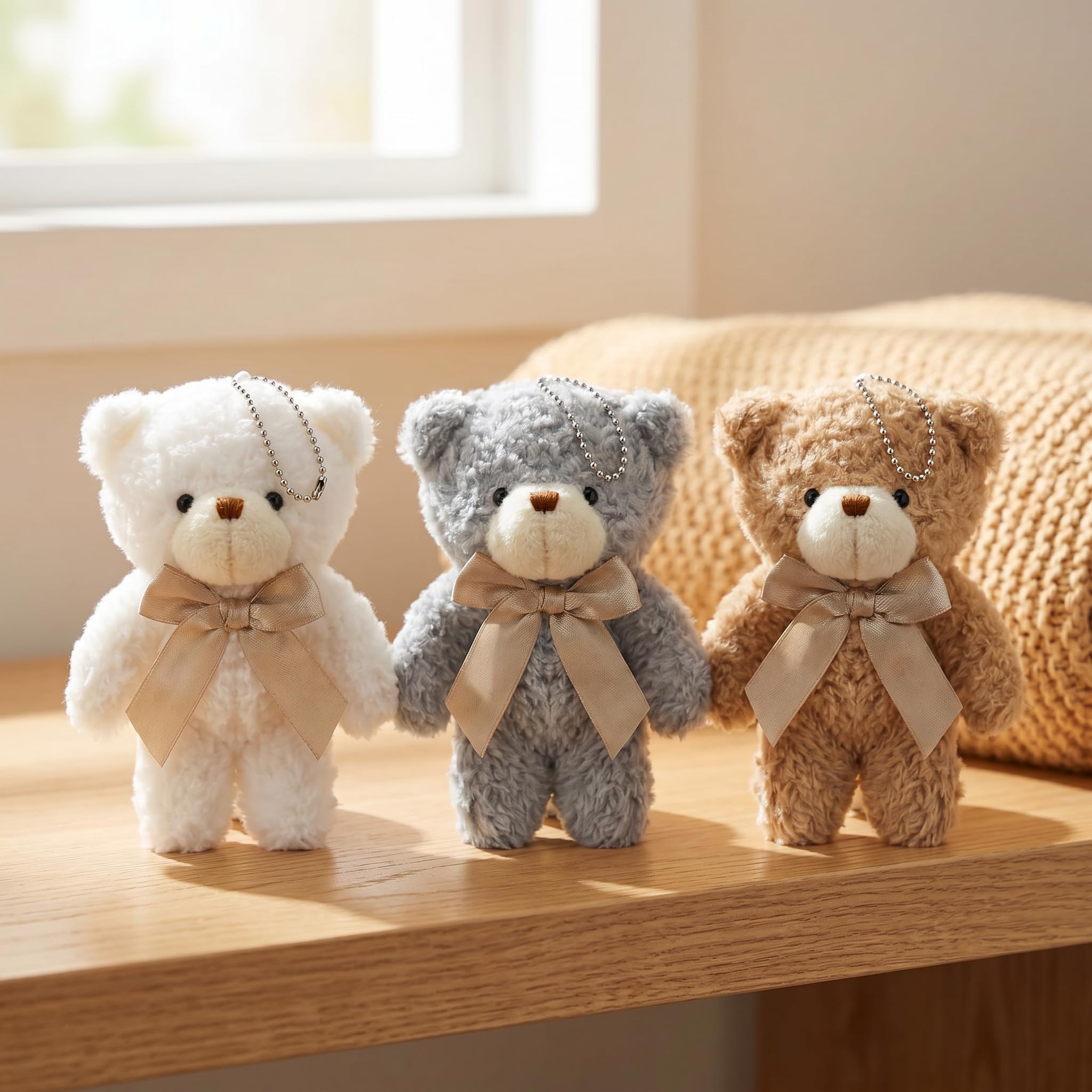 12 Mini Stuffed Teddy Bears with Keychains – 4.7 Inch Plush Bears in White, Brown, Grey for Party Favors and DIY Crafts
