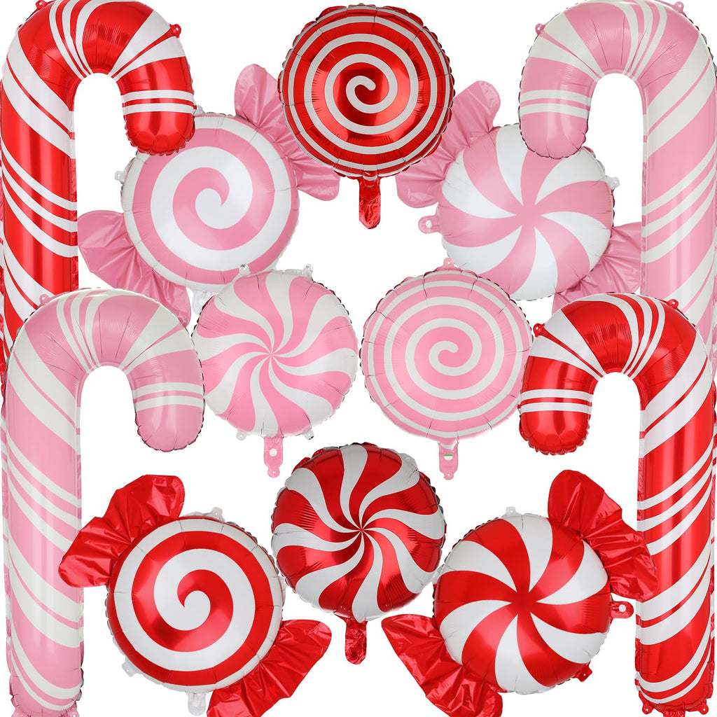 12-Pack Christmas Candy Balloon Set – Candy Cane, Sweet Candy & Lollipop Mylar Balloons in Red & Pink for Candyland Theme Party Decor