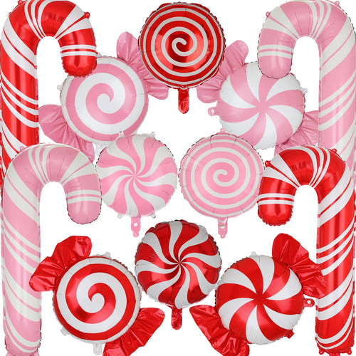 12-Pack Christmas Candy Balloon Set – Candy Cane, Sweet Candy & Lollipop Mylar Balloons in Red & Pink for Candyland Theme Party Decor