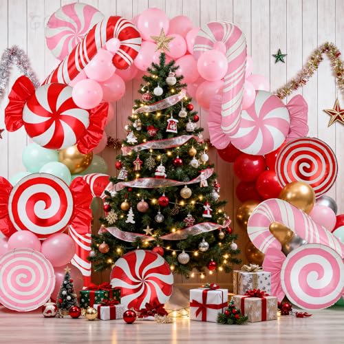12-Pack Christmas Candy Balloon Set – Candy Cane, Sweet Candy & Lollipop Mylar Balloons in Red & Pink for Candyland Theme Party Decor