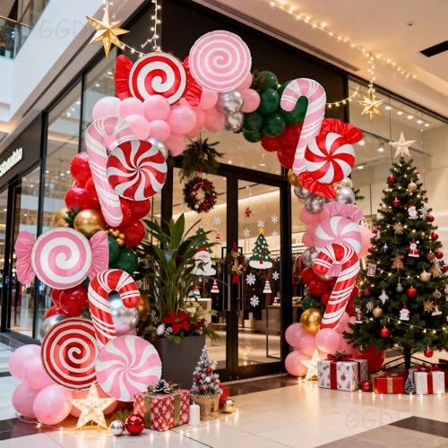 12-Pack Christmas Candy Balloon Set – Candy Cane, Sweet Candy & Lollipop Mylar Balloons in Red & Pink for Candyland Theme Party Decor