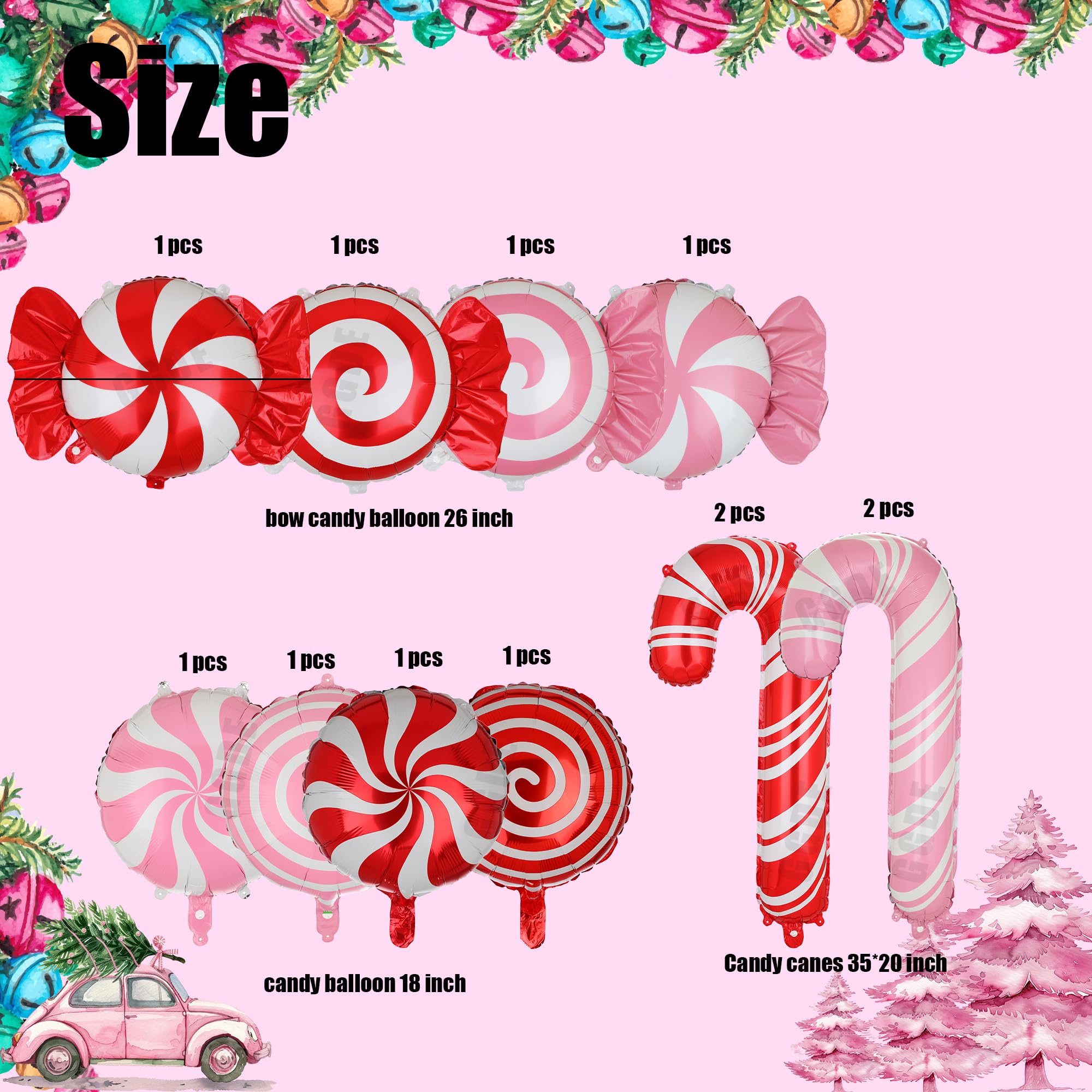12-Pack Christmas Candy Balloon Set – Candy Cane, Sweet Candy & Lollipop Mylar Balloons in Red & Pink for Candyland Theme Party Decor