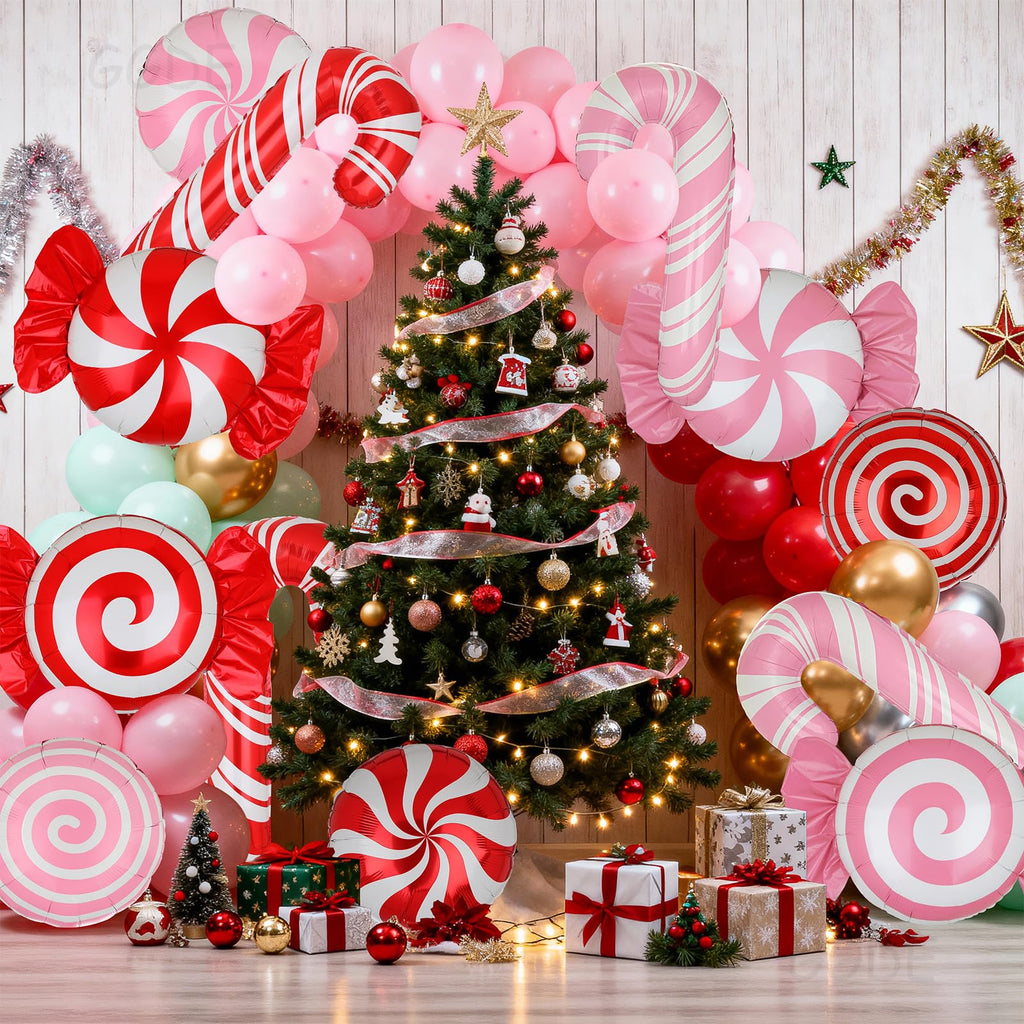 12-Pack Christmas Candy Balloon Set – Candy Cane, Sweet Candy & Lollipop Mylar Balloons in Red & Pink for Candyland Theme Party Decor