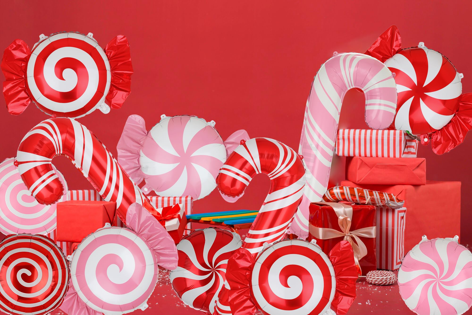 12-Pack Christmas Candy Balloon Set – Candy Cane, Sweet Candy & Lollipop Mylar Balloons in Red & Pink for Candyland Theme Party Decor