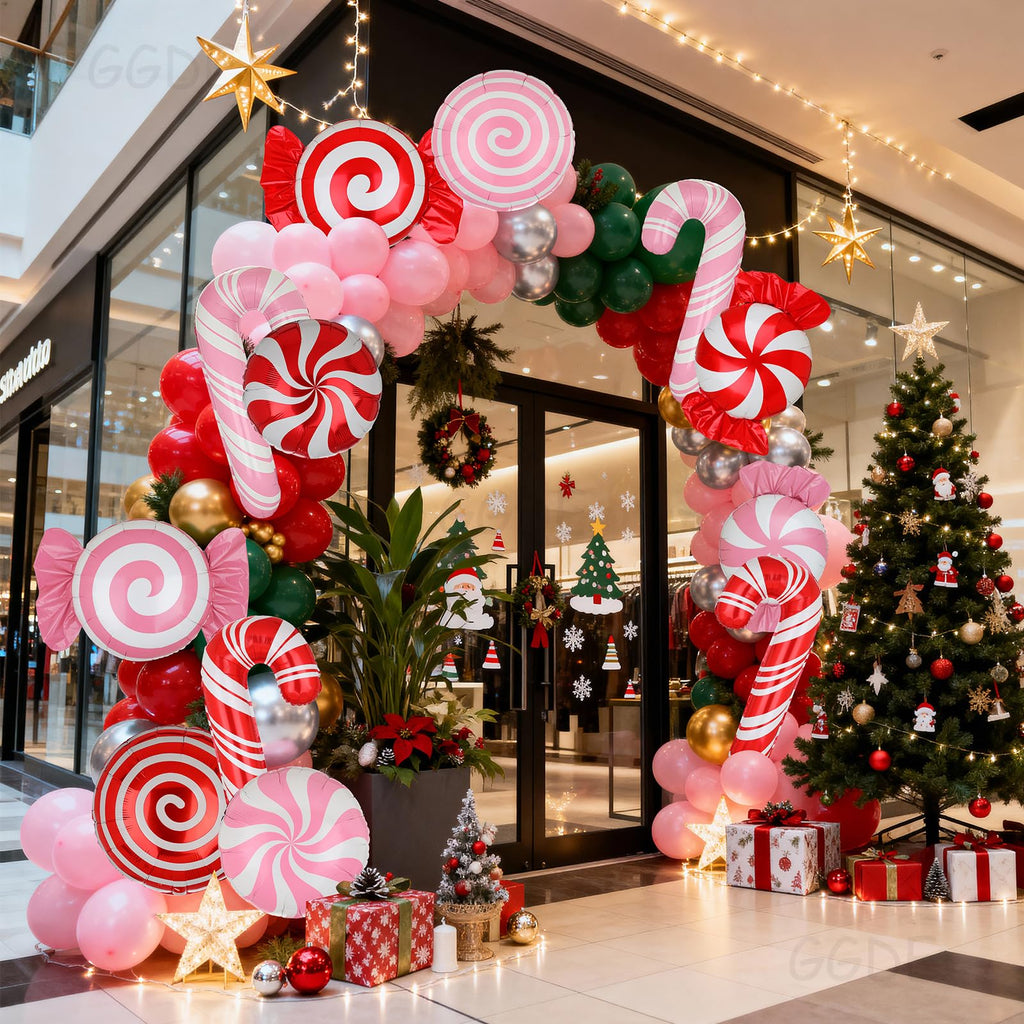 12-Pack Christmas Candy Balloon Set – Candy Cane, Sweet Candy & Lollipop Mylar Balloons in Red & Pink for Candyland Theme Party Decor