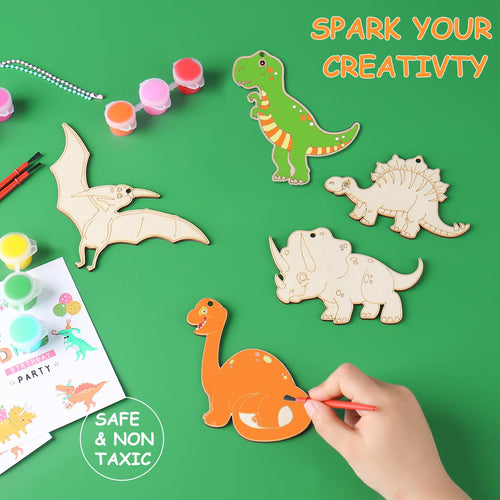 12-Pack Dinosaur Wooden Keychain Painting Kit – Kids Arts and Crafts Party Favors