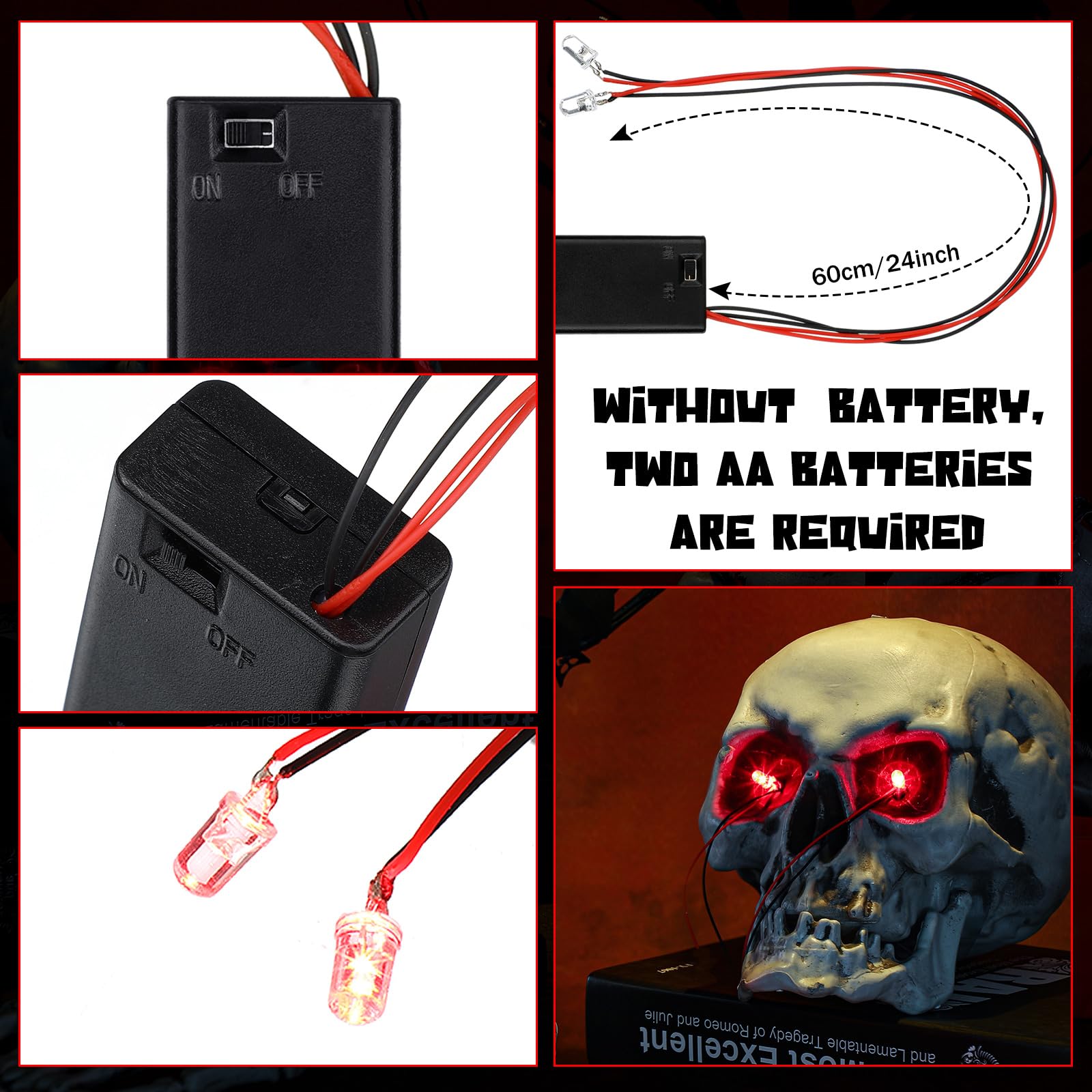 12-Pack Halloween LED Glowing Eyes for Masks | Red Light, 24-Inch Wire, Battery Operated