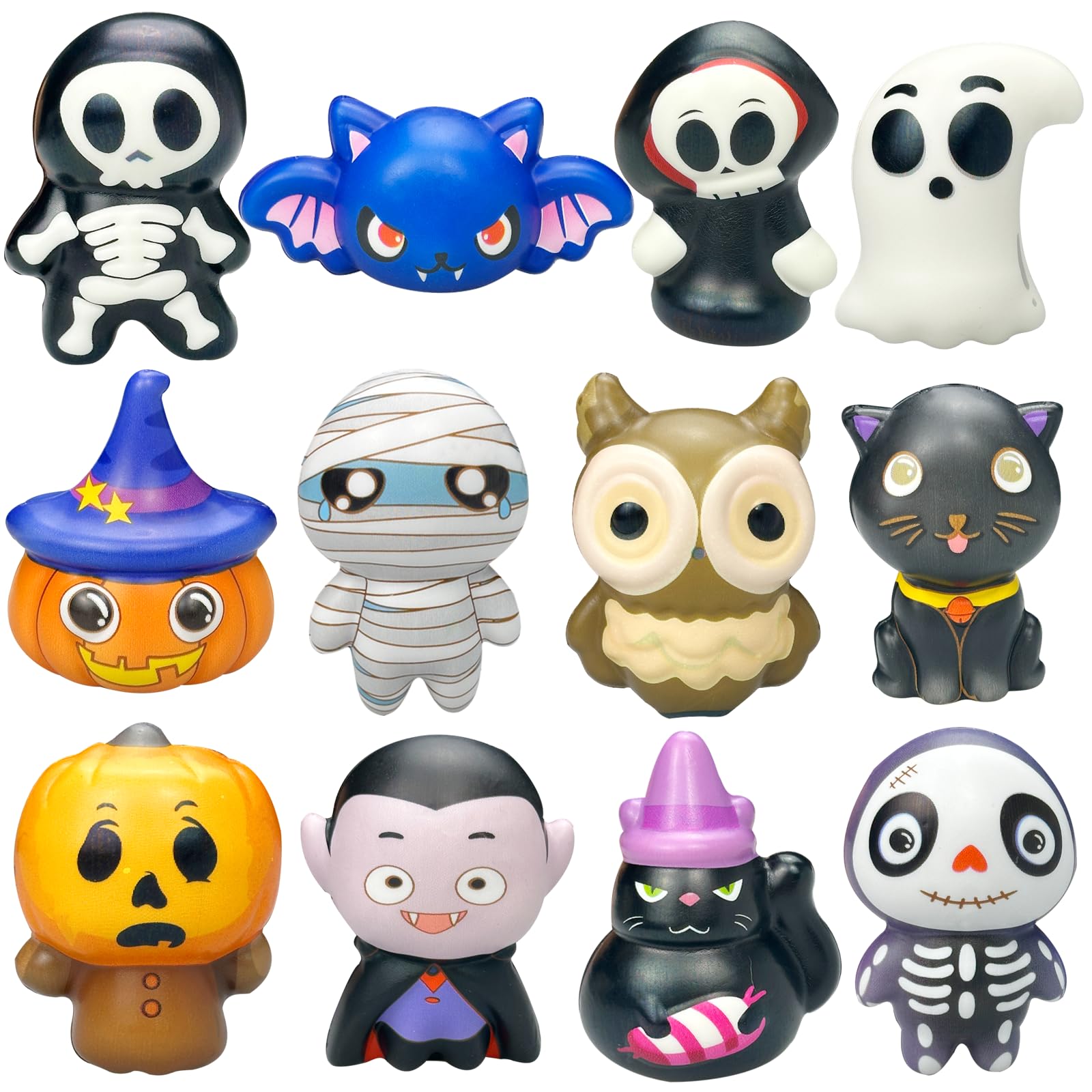 12 Pack Halloween Squishies Stress Ball Set - Cartoon Mummy Pumpkin Bat Ghost Dolls Bulk Stress Relief Squeeze Toys for Kids Adults