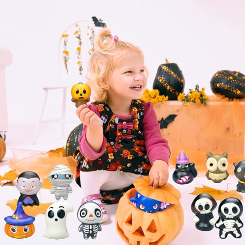 12 Pack Halloween Squishies Stress Ball Set - Cartoon Mummy Pumpkin Bat Ghost Dolls Bulk Stress Relief Squeeze Toys for Kids Adults