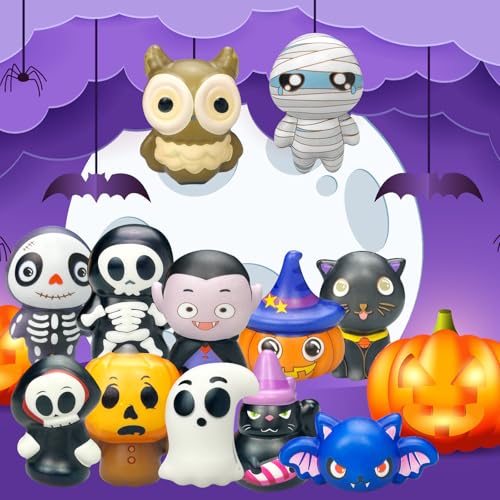 12 Pack Halloween Squishies Stress Ball Set - Cartoon Mummy Pumpkin Bat Ghost Dolls Bulk Stress Relief Squeeze Toys for Kids Adults