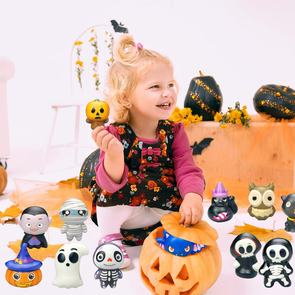 12 Pack Halloween Squishies Stress Ball Set - Cartoon Mummy Pumpkin Bat Ghost Dolls Bulk Stress Relief Squeeze Toys for Kids Adults