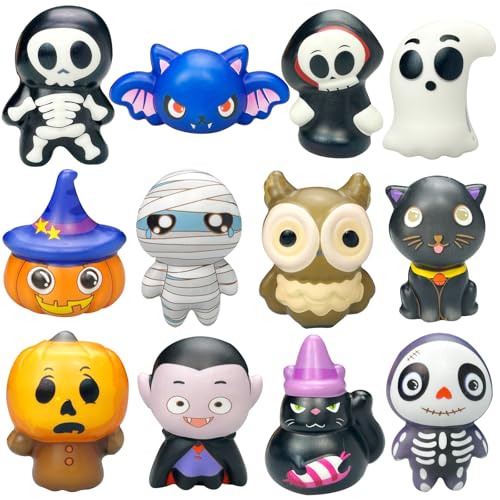 12 Pack Halloween Squishies Stress Ball Set - Cartoon Mummy Pumpkin Bat Ghost Dolls Bulk Stress Relief Squeeze Toys for Kids Adults