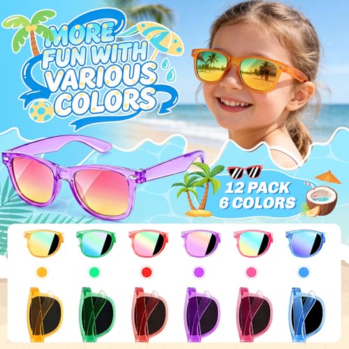12 Pack Kids Sunglasses for Ages 3-8 – Bulk Neon Sunglasses with UV 400 Protection for Party Favors, Goodie Bags, and Classroom Gifts by GIFTINBOX