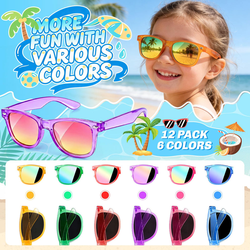 12 Pack Kids Sunglasses for Ages 3-8 – Bulk Neon Sunglasses with UV 400 Protection for Party Favors, Goodie Bags, and Classroom Gifts by GIFTINBOX