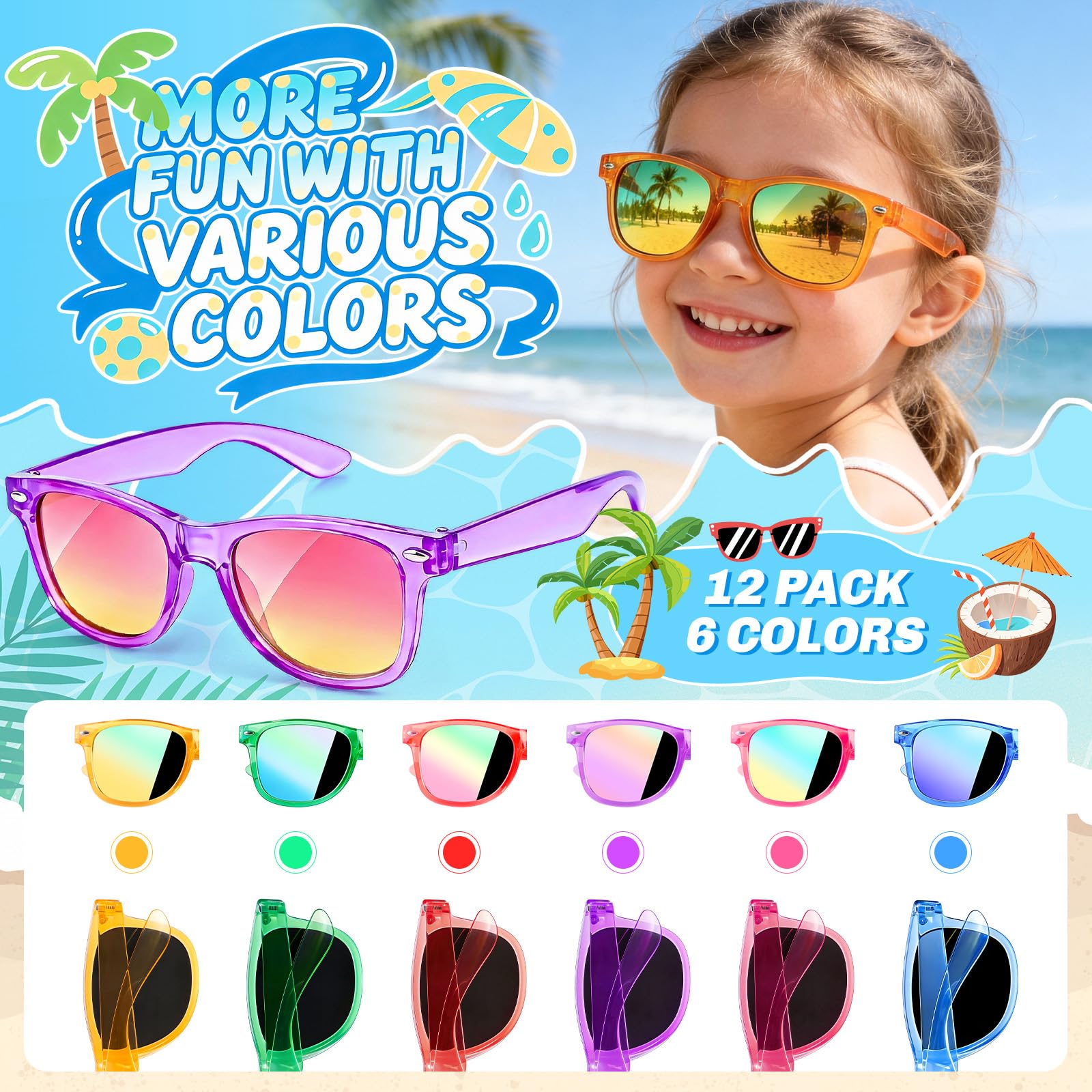 12 Pack Kids Sunglasses for Ages 3-8 – Bulk Neon Sunglasses with UV 400 Protection for Party Favors, Goodie Bags, and Classroom Gifts by GIFTINBOX