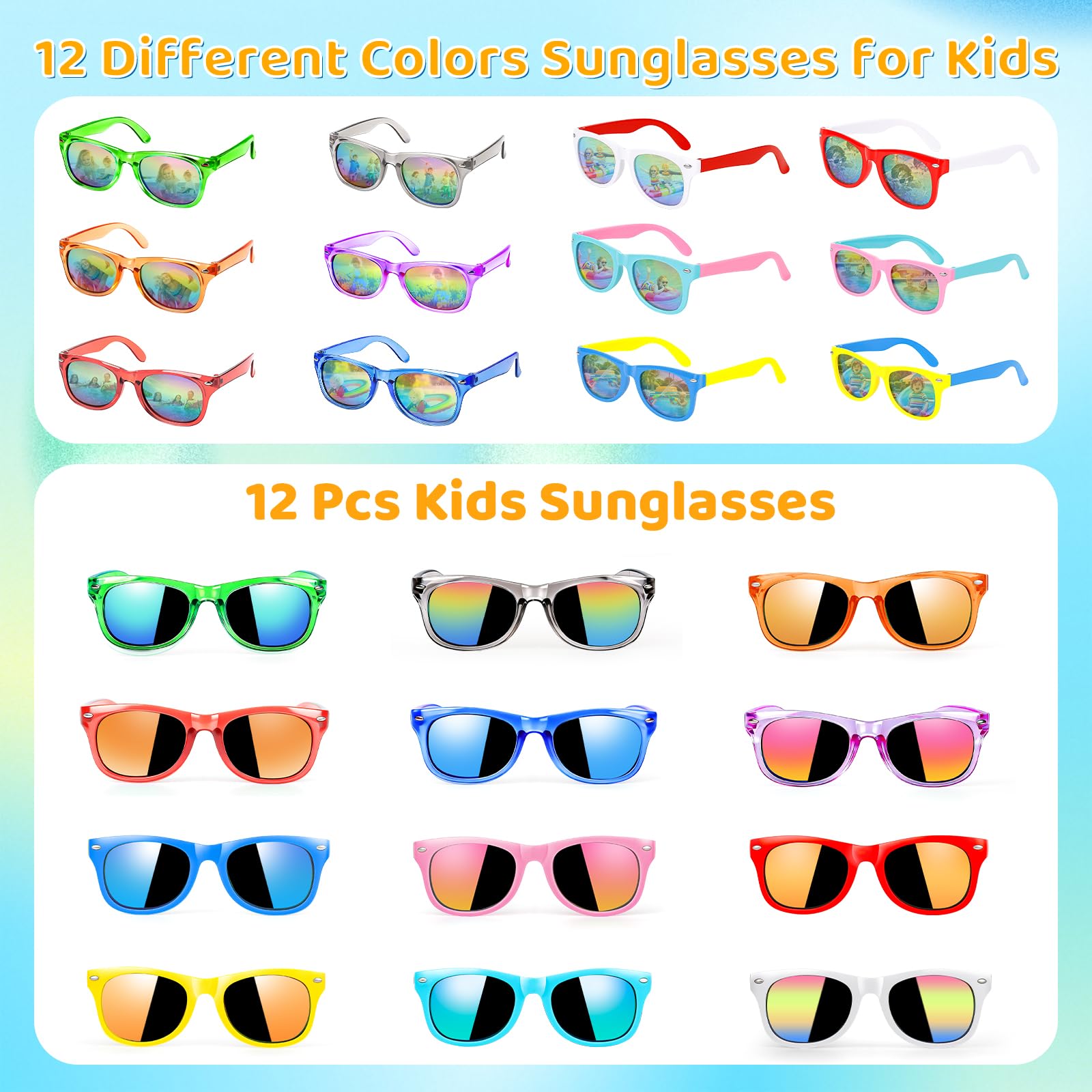 12-Pack Lifree Kids Sunglasses Bulk Party Favors - UV400 Protection for Ages 3-8, Neon Colors for Pool and Birthday Parties