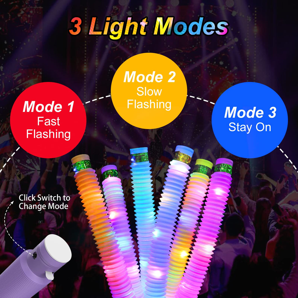 12 Pack Light Up Pop Fidget Tubes Party Favors for Kids - Glow in the Dark Sensory Toys with 3 Light Modes