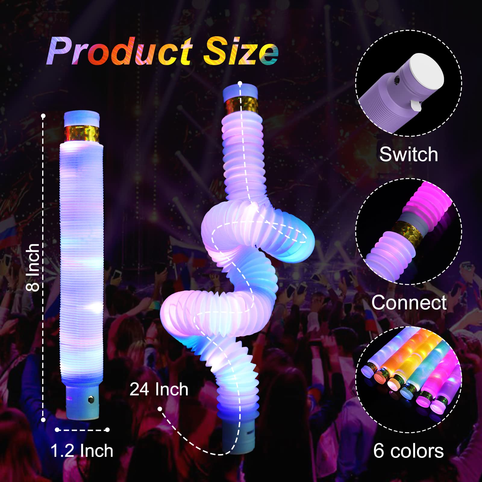 12 Pack Light Up Pop Fidget Tubes Party Favors for Kids - Glow in the Dark Sensory Toys with 3 Light Modes