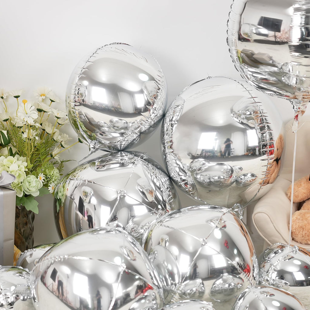12-Pack Metallic Silver 4D Foil Balloons – 22", 15", 10" Sizes for Parties