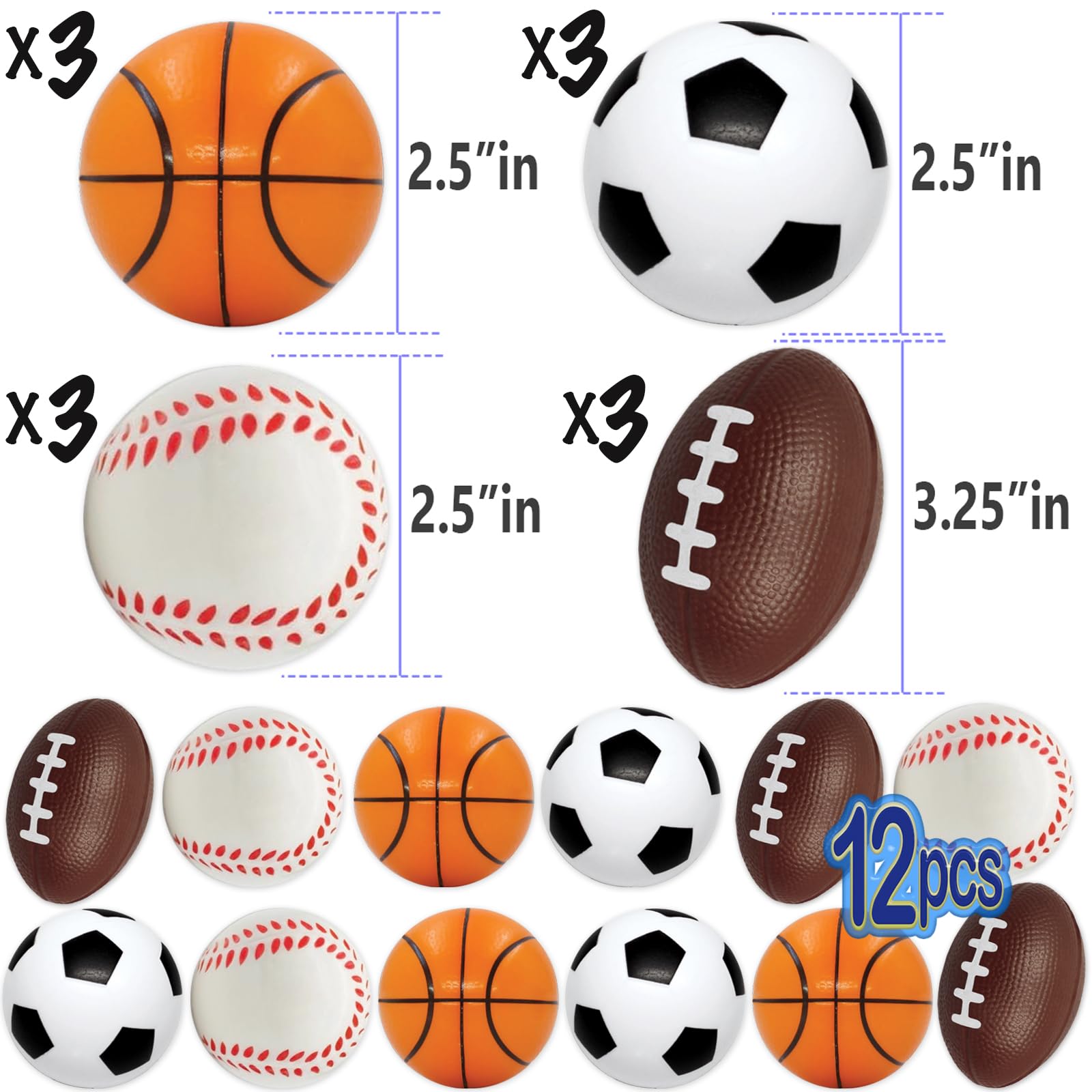 12-Pack Mini Foam Sports Balls – Soccer, Basketball, Football, Baseball Mix for Stress Relief & Party Favors