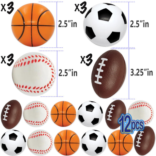 12-Pack Mini Foam Sports Balls – Soccer, Basketball, Football, Baseball Mix for Stress Relief & Party Favors