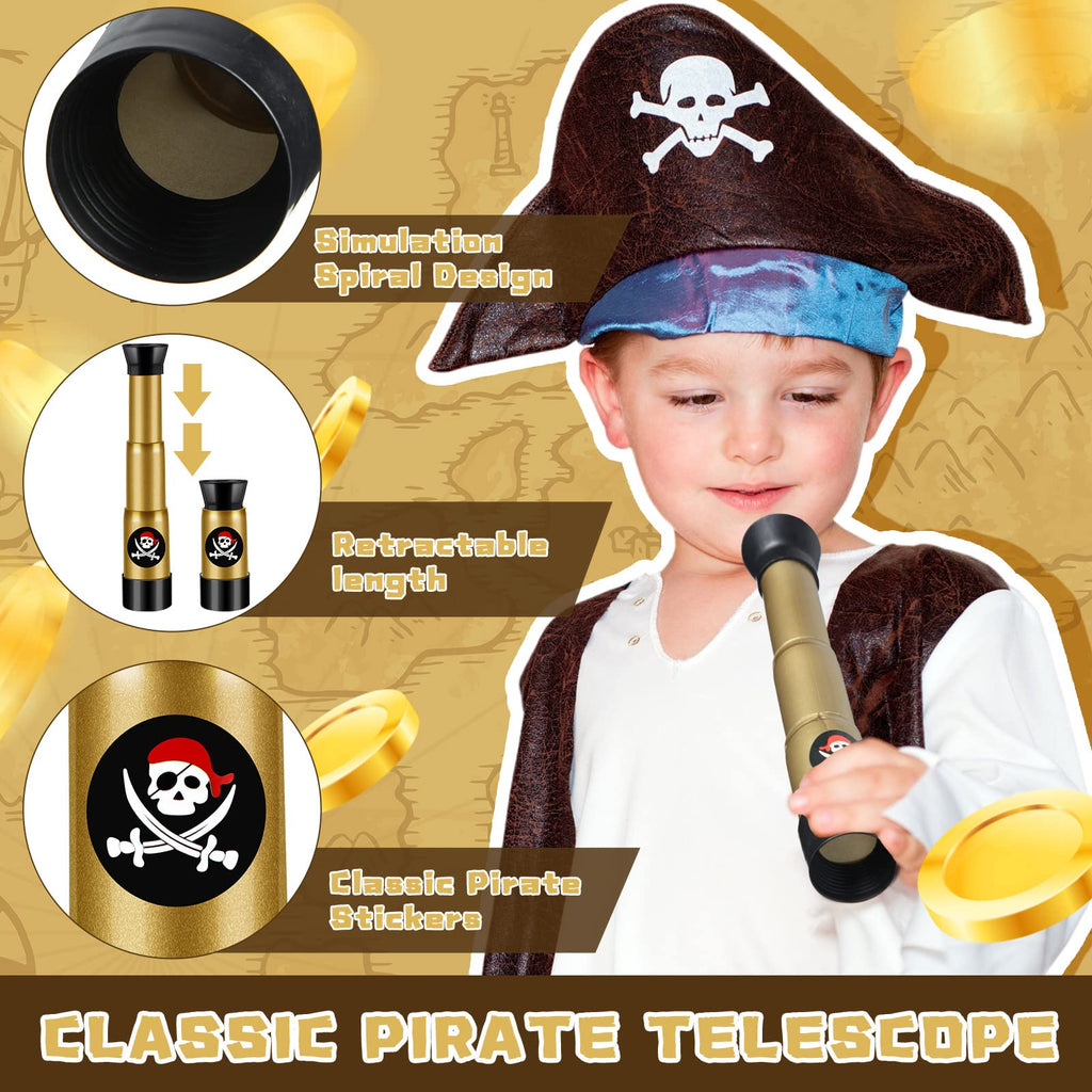 12-Pack Pirate Telescope Toys for Kids - Adjustable Spyglass Party Favors in Black & Bronze
