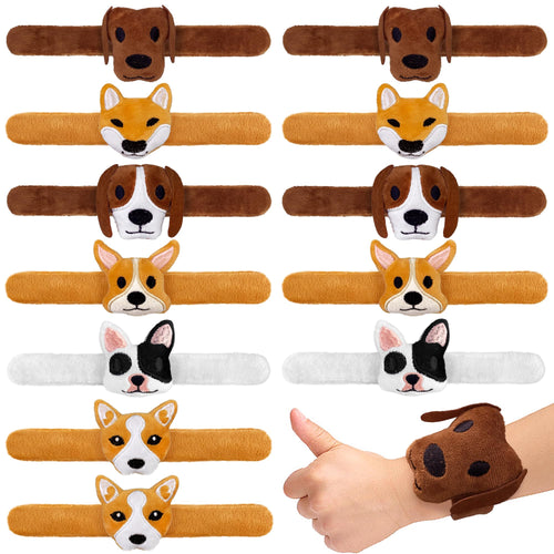 12-Pack Plush Dog Slap Bracelets – Cute Animal Wrist Toys for Party Favors and Gifts