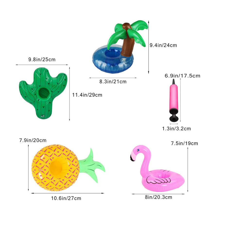 12 Pack Pool Drink Holders - Inflatable Cup Coasters with Mini Air Pump (Flamingo, Cactus, Palm Tree, Pineapple)