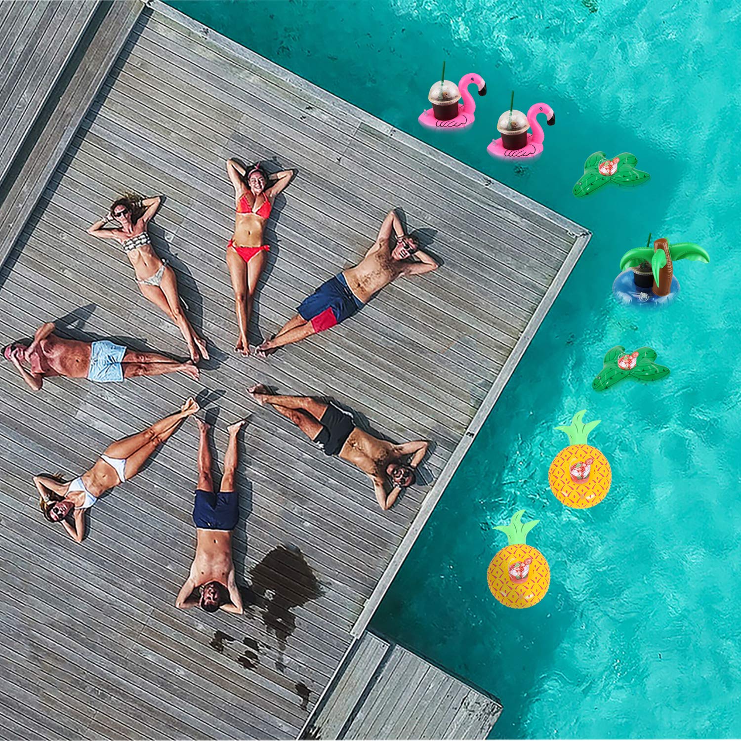 12 Pack Pool Drink Holders - Inflatable Cup Coasters with Mini Air Pump (Flamingo, Cactus, Palm Tree, Pineapple)
