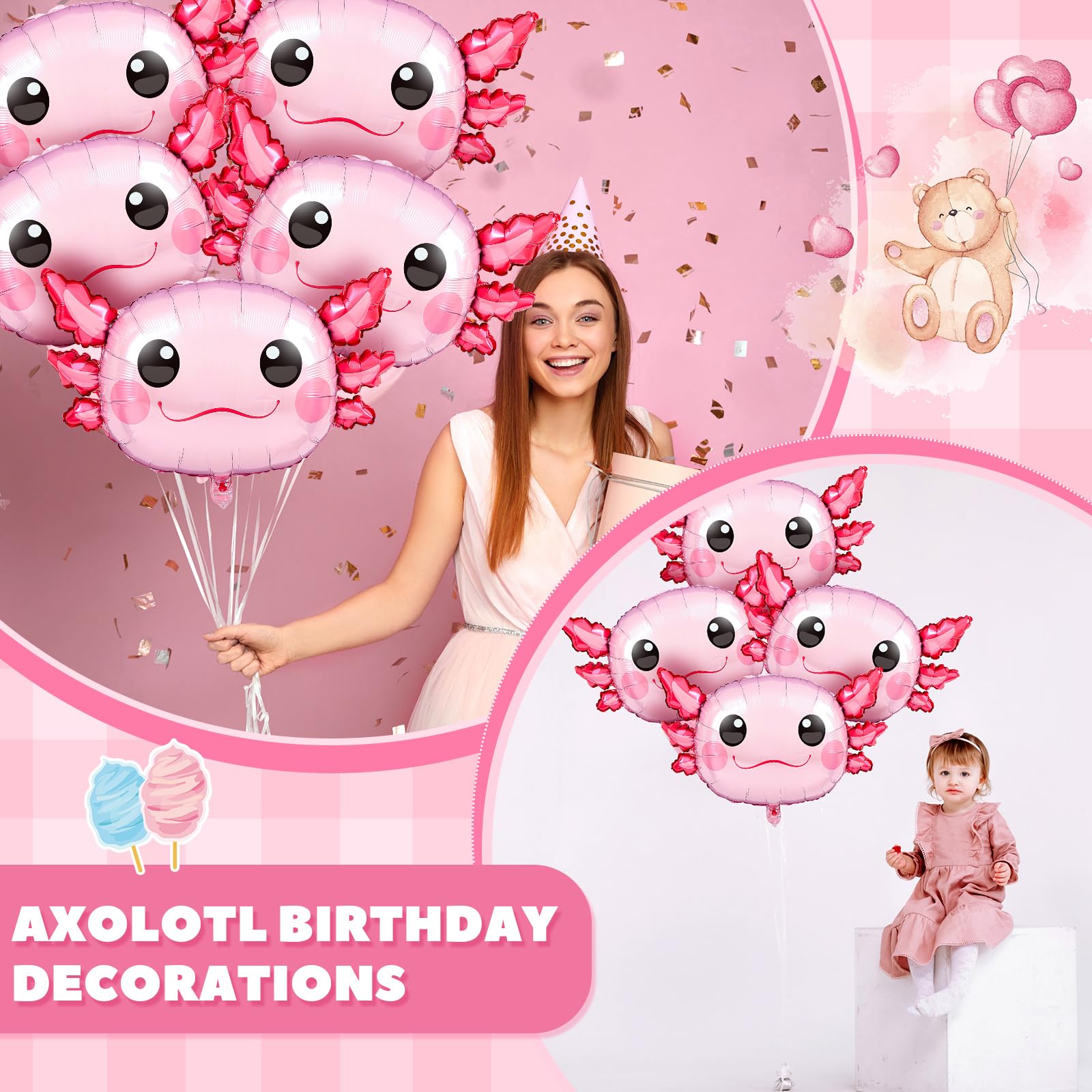 12 Pack PullCrease Axolotl Balloons – 34 Inch Pink Aluminum Foil Birthday Party Decorations