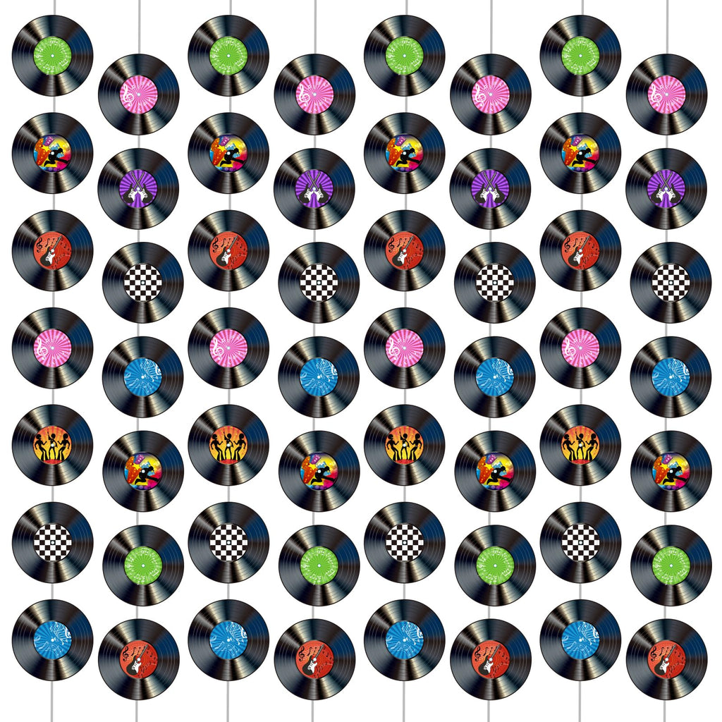 12 Pack Retro Vinyl Record Banners for 50s Theme Parties - 7 Patterns per String, 110cm Strips