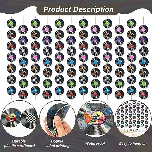 12 Pack Retro Vinyl Record Banners for 50s Theme Parties - 7 Patterns per String, 110cm Strips