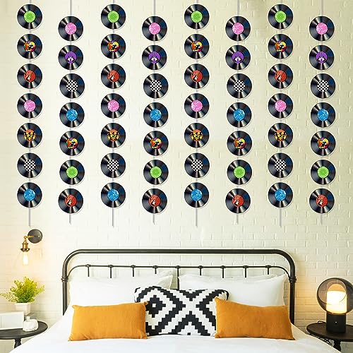 12 Pack Retro Vinyl Record Banners for 50s Theme Parties - 7 Patterns per String, 110cm Strips