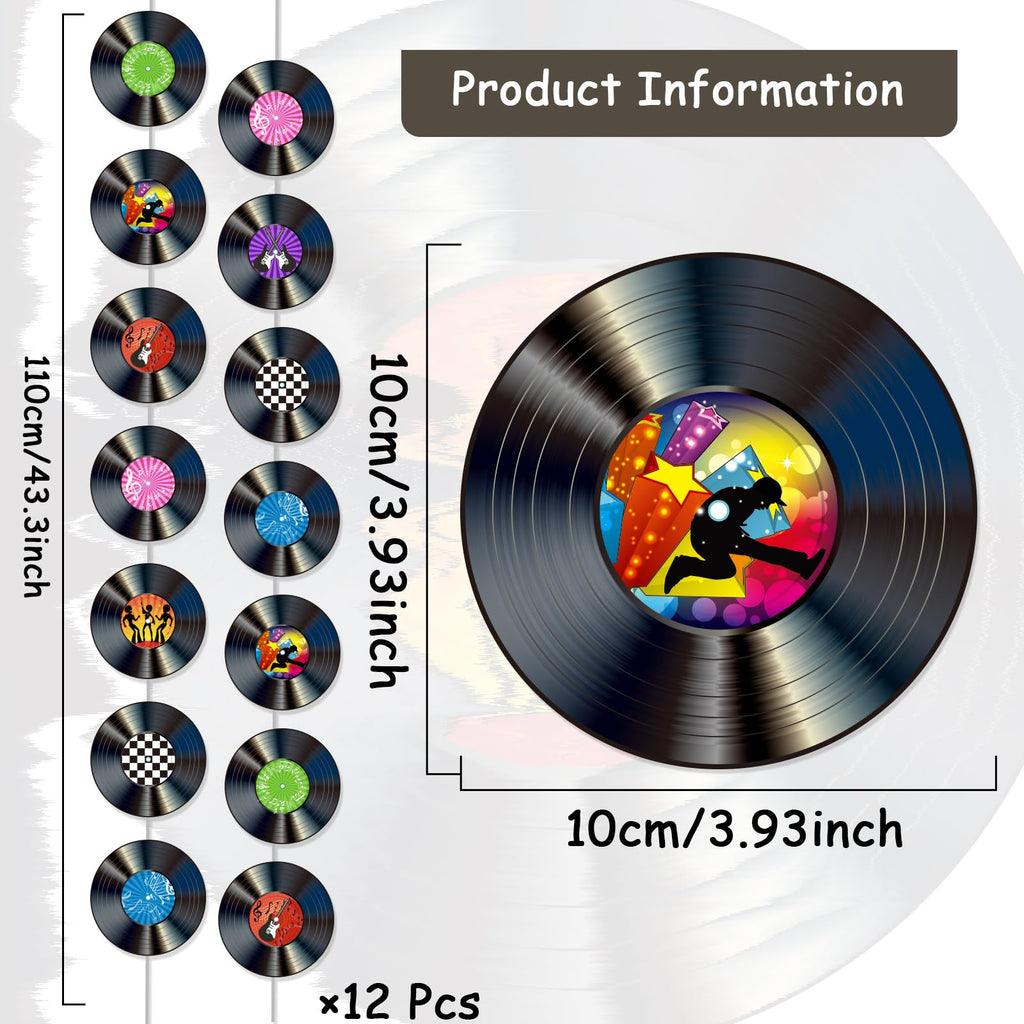 12 Pack Retro Vinyl Record Banners for 50s Theme Parties - 7 Patterns per String, 110cm Strips